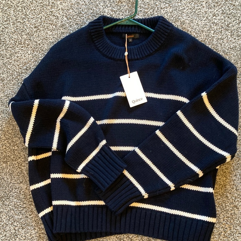 Quince Blue and White Crew Neck Sweater with Geometric Stripes